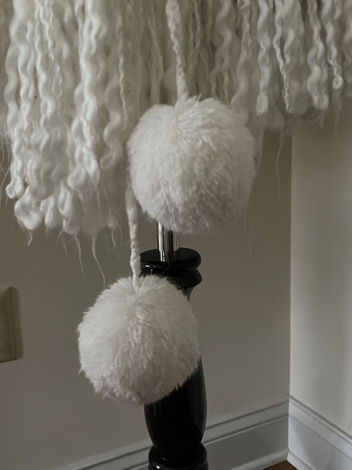 Adorable vintage white knit poncho with hood, fringe and pom poms