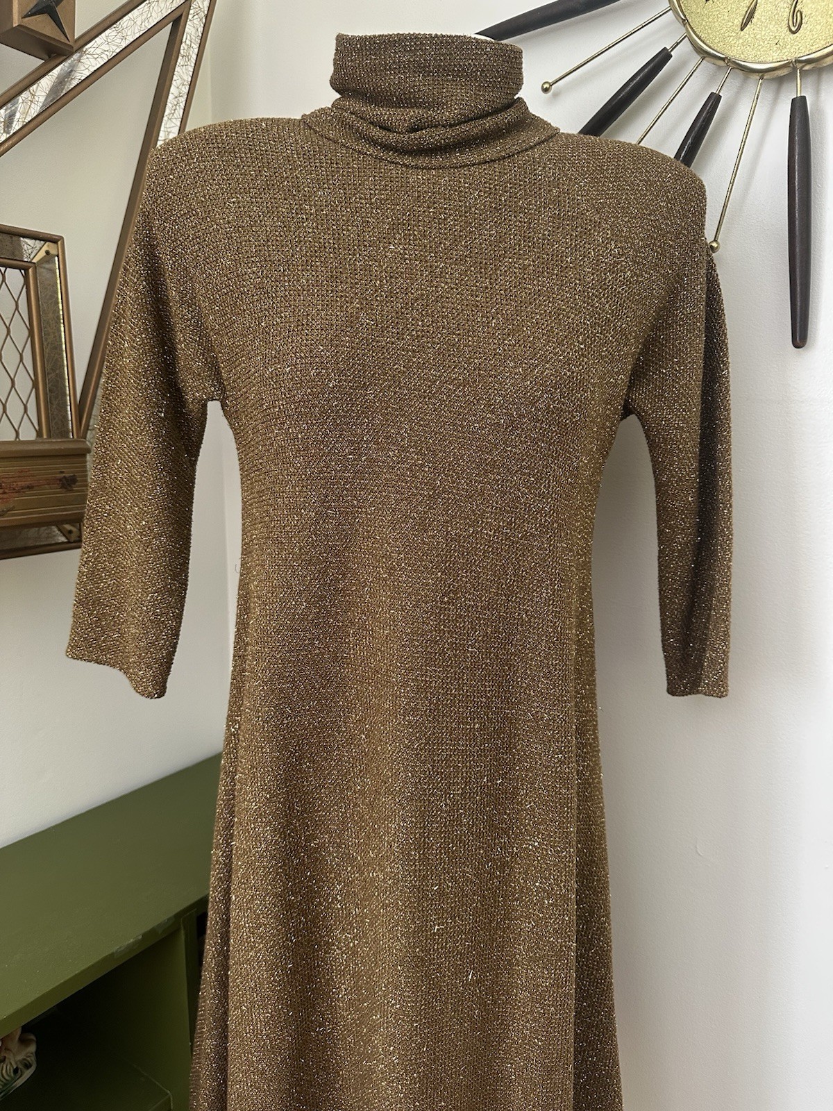 Vintage Brown And Glitter Gold Knit Sweater Dress By Pauline Trigere