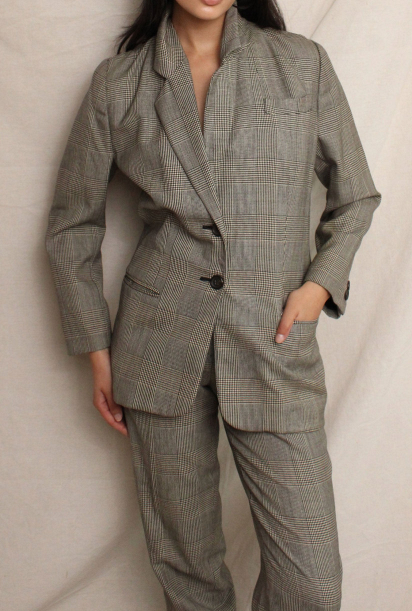 Loewe vintage 1970s houndstooth check suit ensemble jacket trousers grey plaid