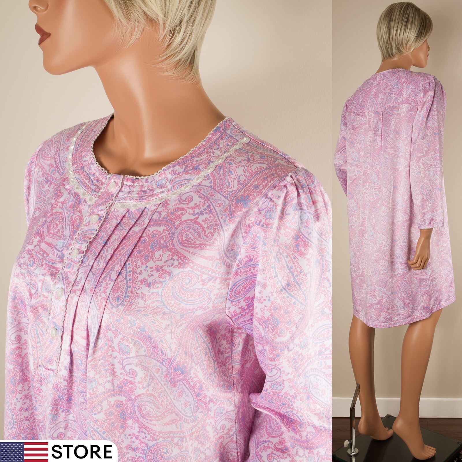 💖 MISS ELAINE Petites Pink Satin Nightgown Paisley Long Sleeve PM
