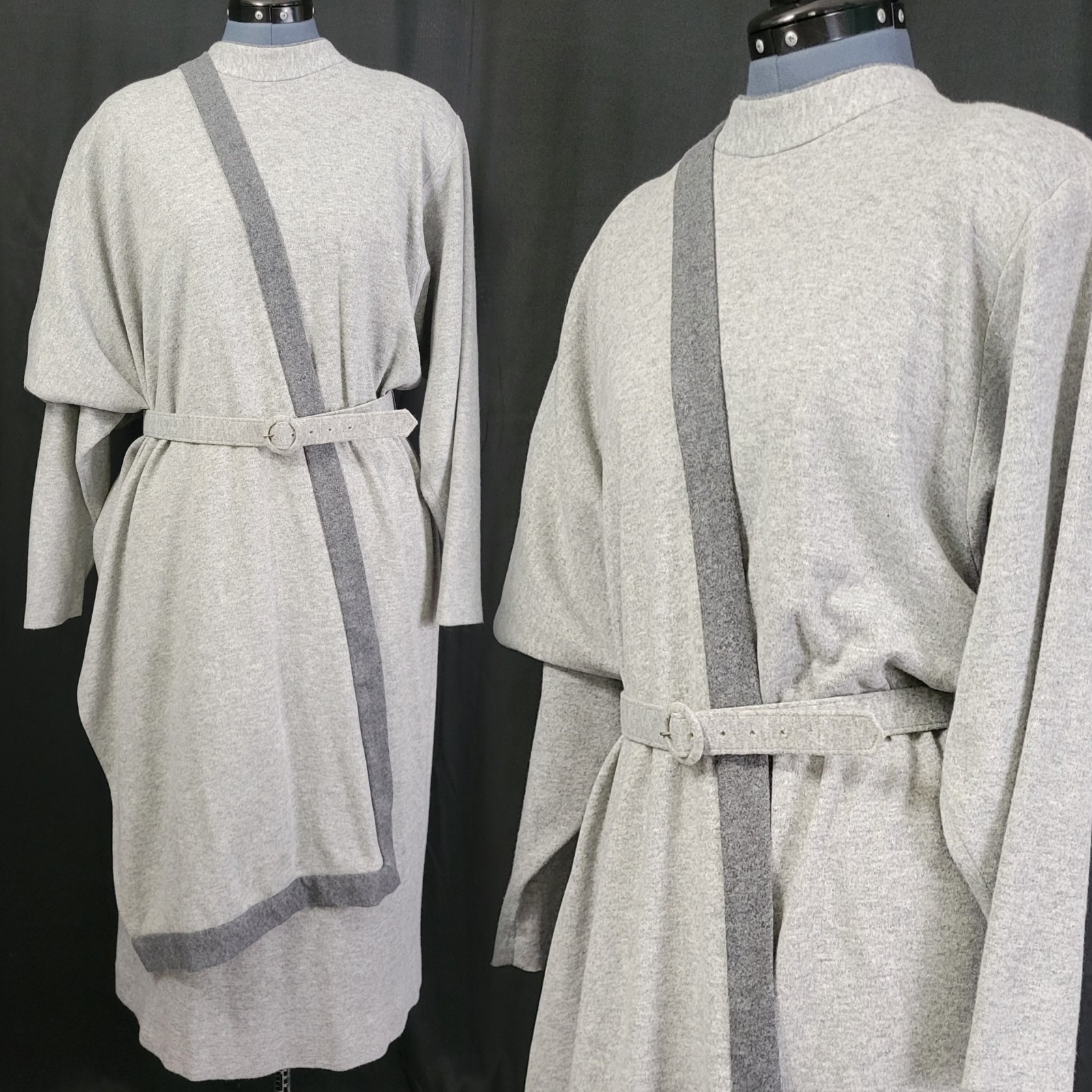 Vtg Willi of California Lt Grey Knit Blouson Dress w Belt & Shawl/Scarf Size 16