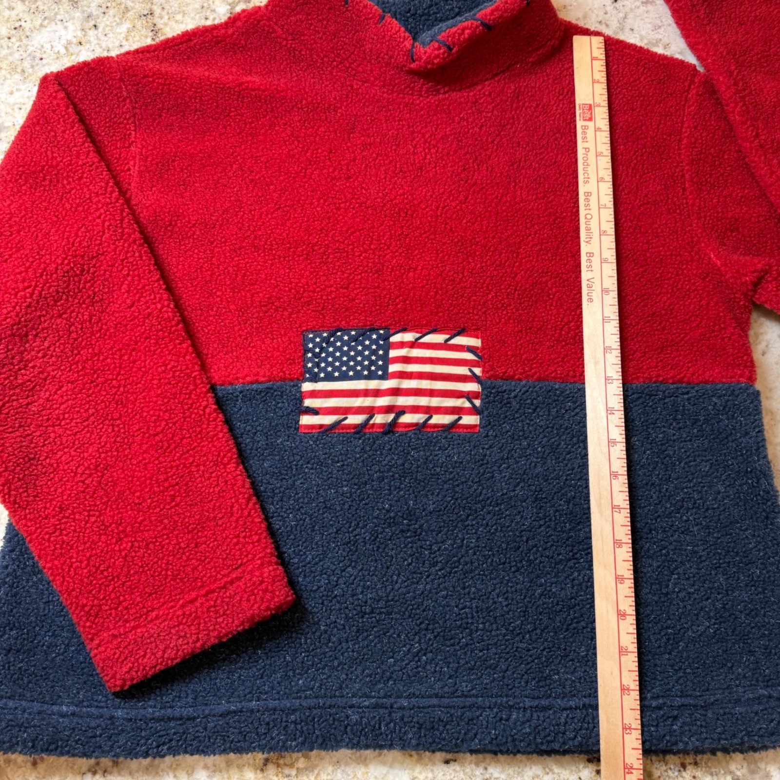 Vintage Real Comfort USA Fleece Pullover L Red Navy Americana Flag Mock Neck