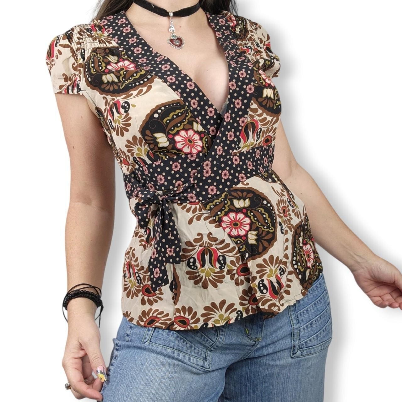 Nanette Lepore Paisley Shirt Ladies S 8 Folk Hungarian Silk Designer Y2K Vintage