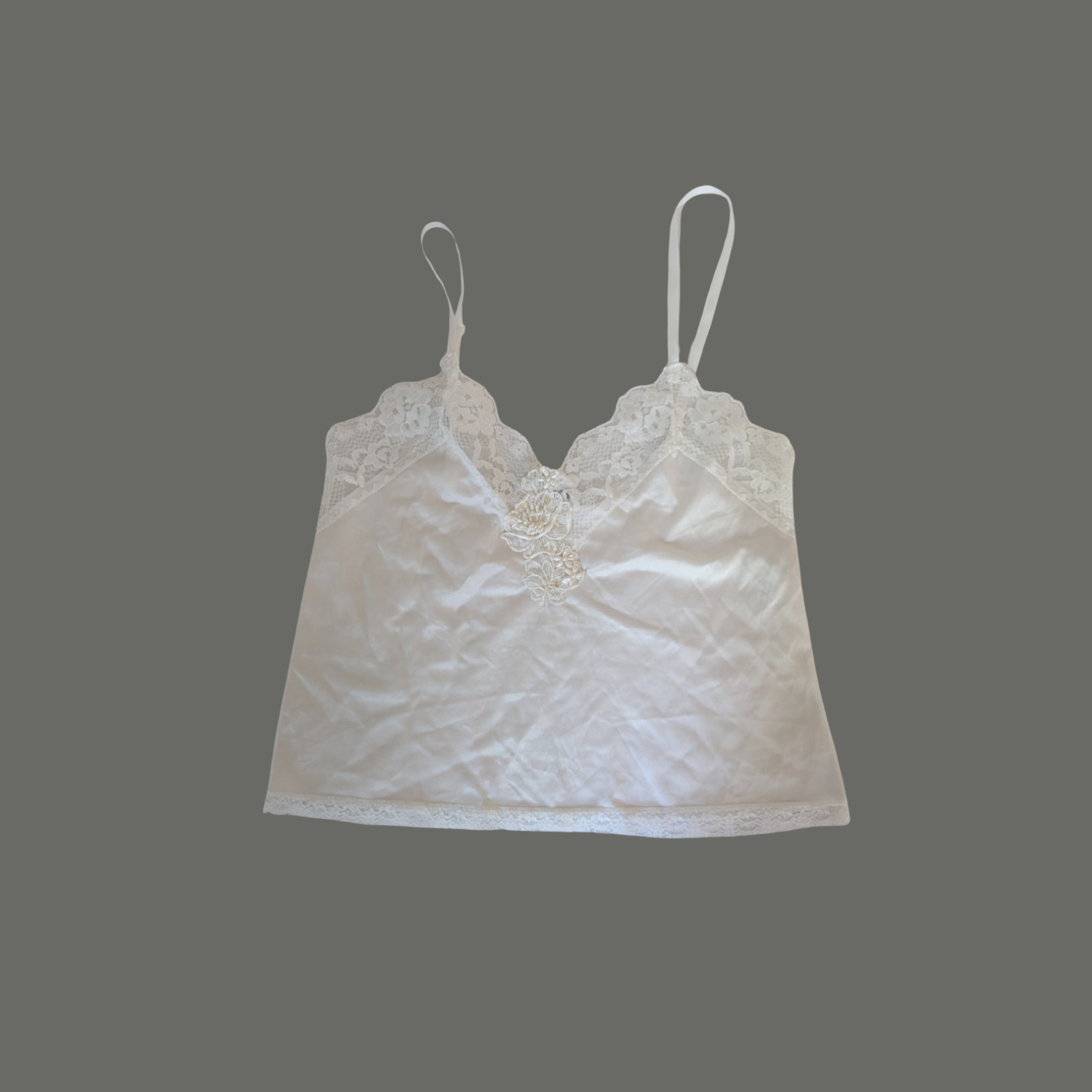 VTG Cinema Etoile White Satin Lace Camisole Tank Top Small Embroidered Cami
