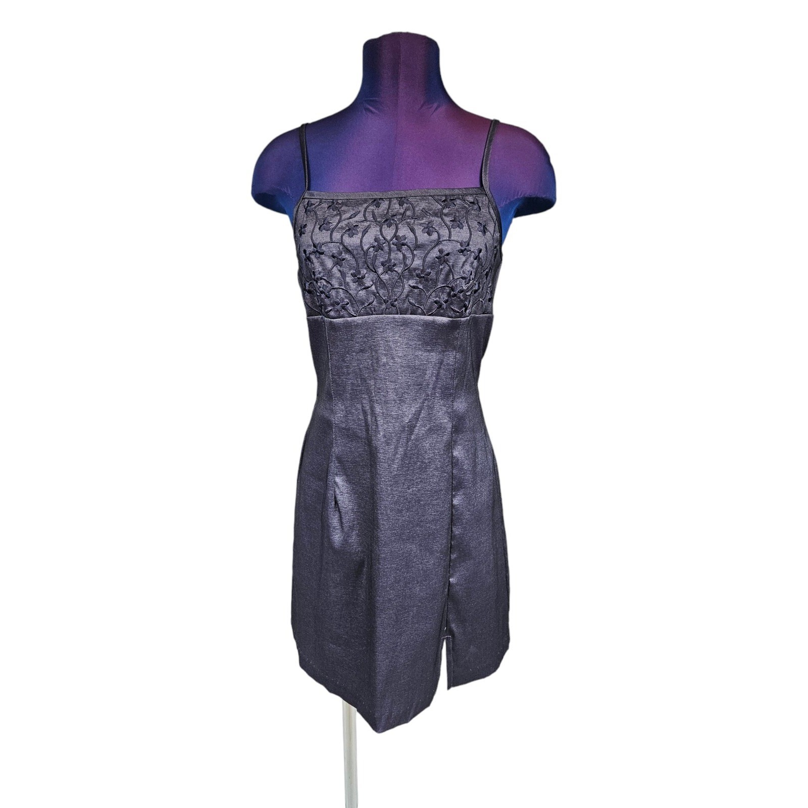 Vintage 90s La Belle Iridescent Purple Embroidered Satin Mini Dress Size 7 A37