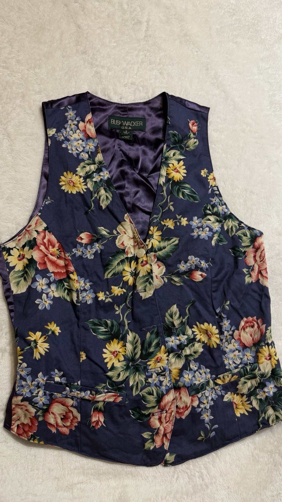 Vintage Bushwacker USA Floral Vest Womens S Cotton Tie Back Made in USA 90s