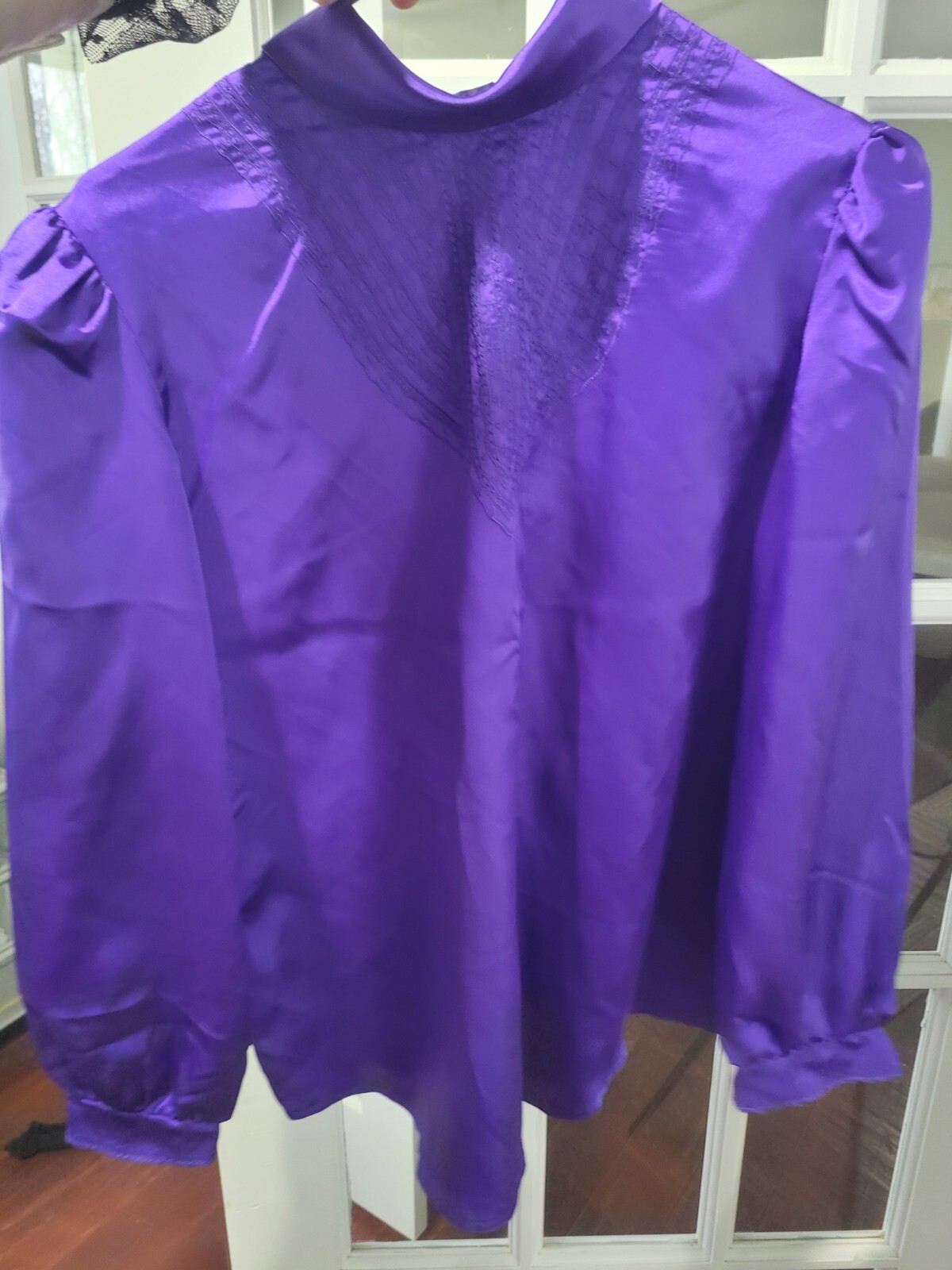 Vintage Compositions Shiny Purple Button Back High Neck Secretary Blouse Sz 12
