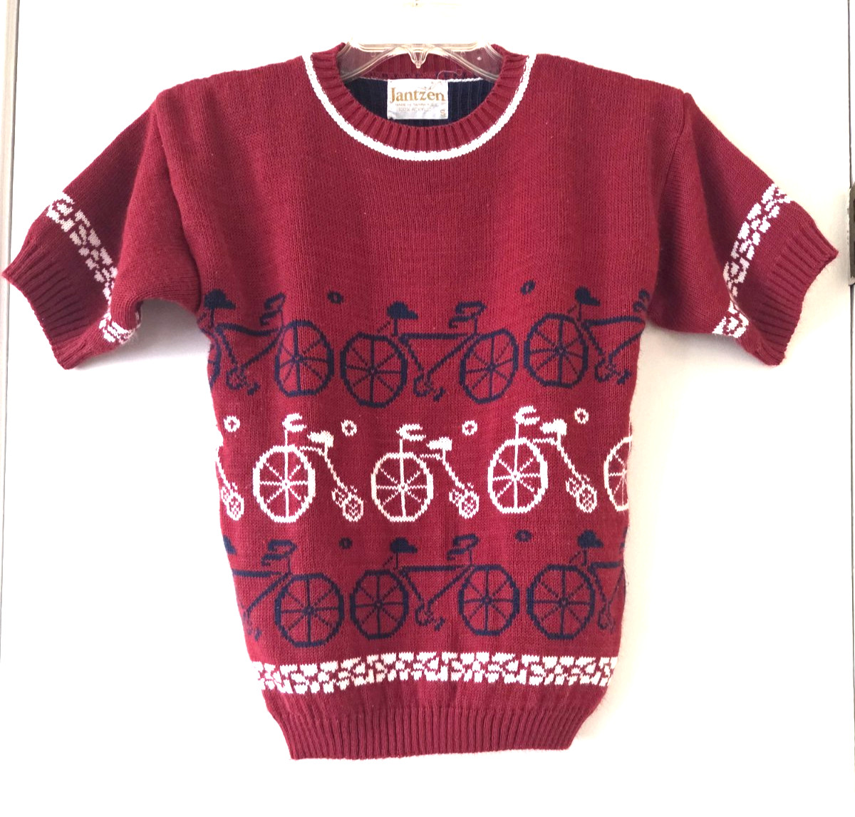 Vintage 80s JANTZEN Women Sweater Red Novelty Knit Bike Bicycle Short Sleeves