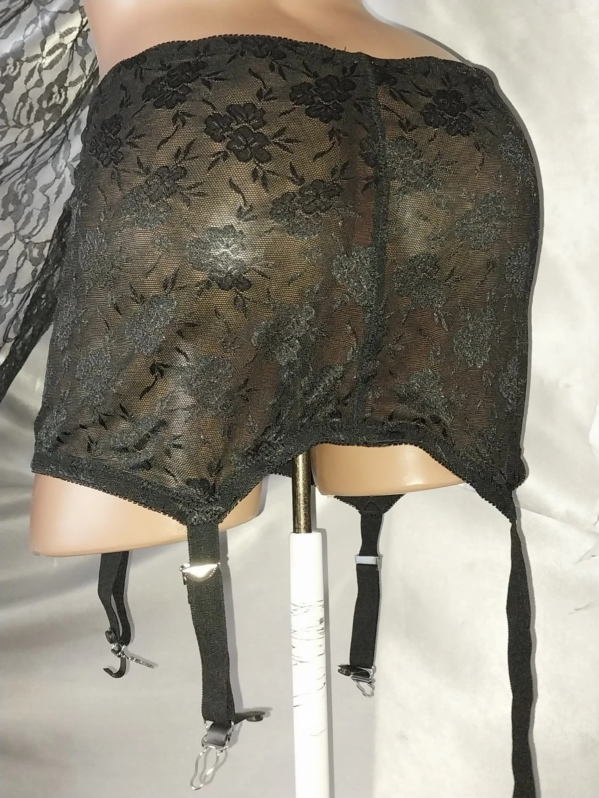 VTG Silky Sheer Wide Garter Belt Stockings Floral Rockabilly Glam XXL 50