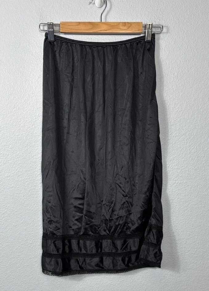 Vintage Radcliffe Lingerie Long Slip Satin Shiny Black Lace Bottom Medium USA
