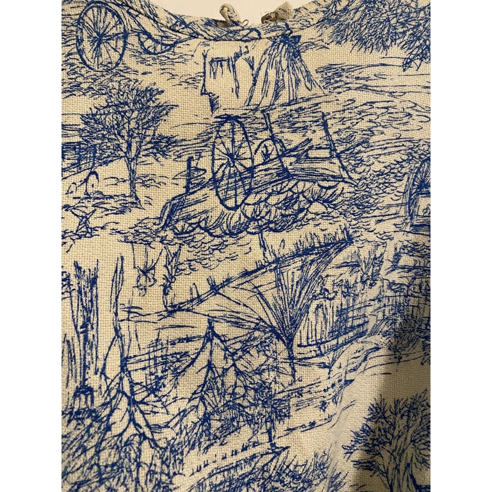 Vtg 70s Romantic Toile Print Shift Dress White Blue Fabric Repair Craft