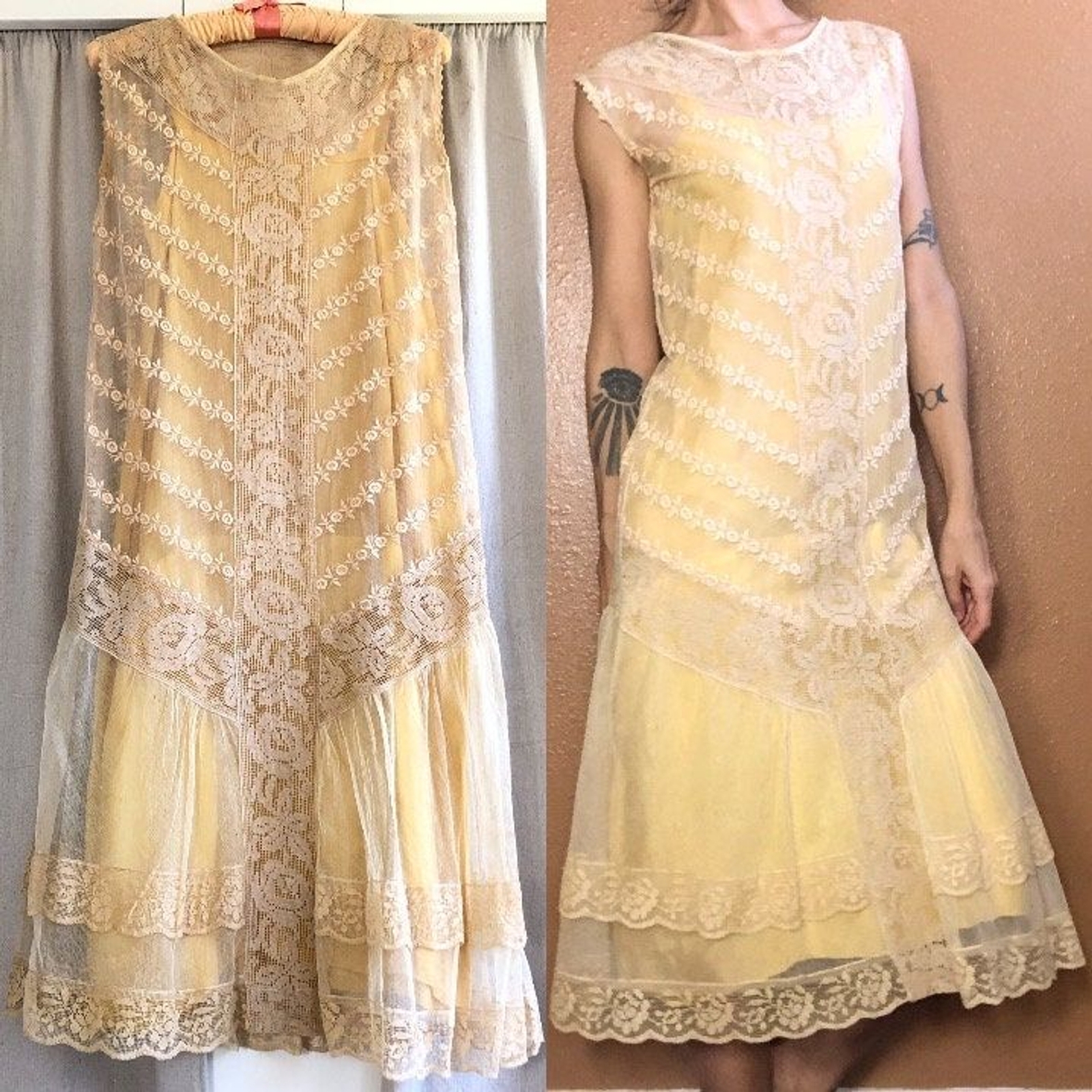 Vintage 1920s Sheer Mesh Net Crochet Drop Waist Dress + Silk Slip Coquette