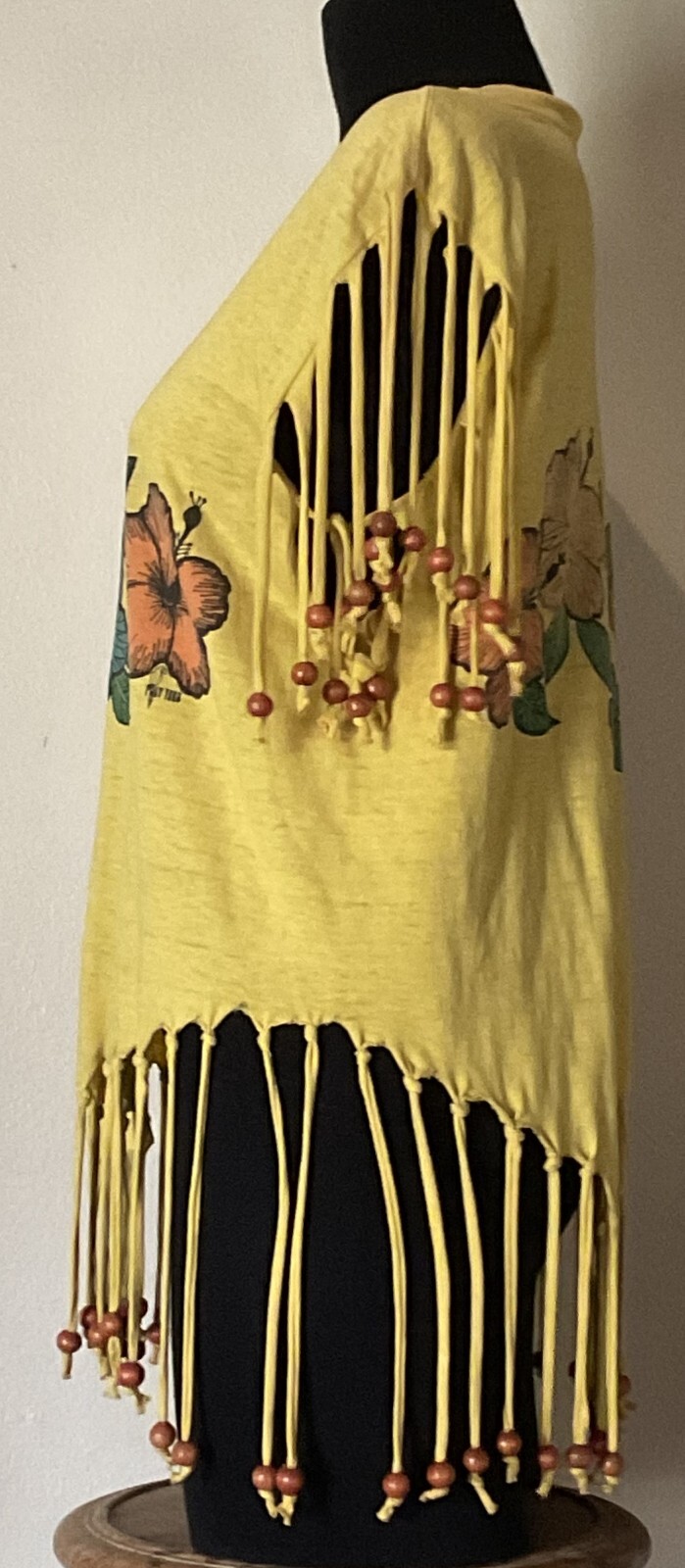 Vintage 1980s Radical Sunny Yellow Hawaiian Flower Top Bead Fringe Size Small