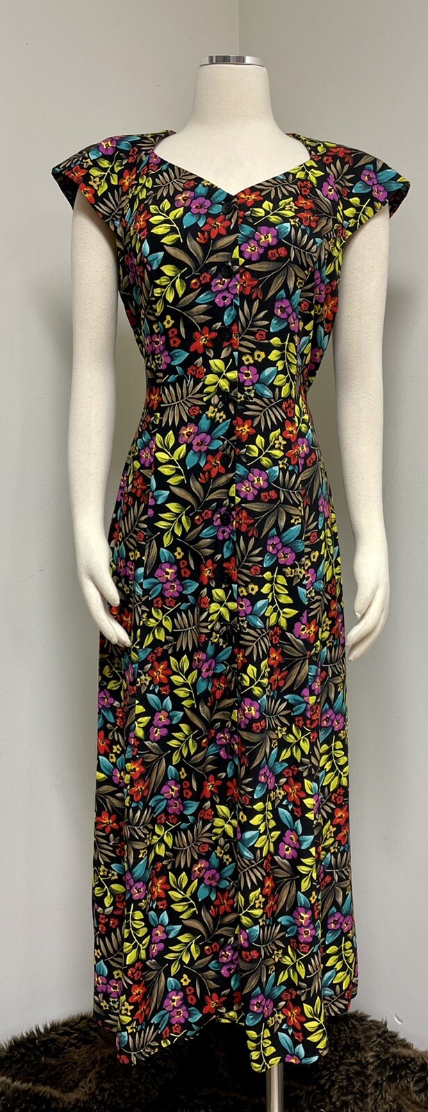 Betsy Lauren 90’s Bright Floral Hawaiian Print Midi Dress Deadstock w tags Sz 8