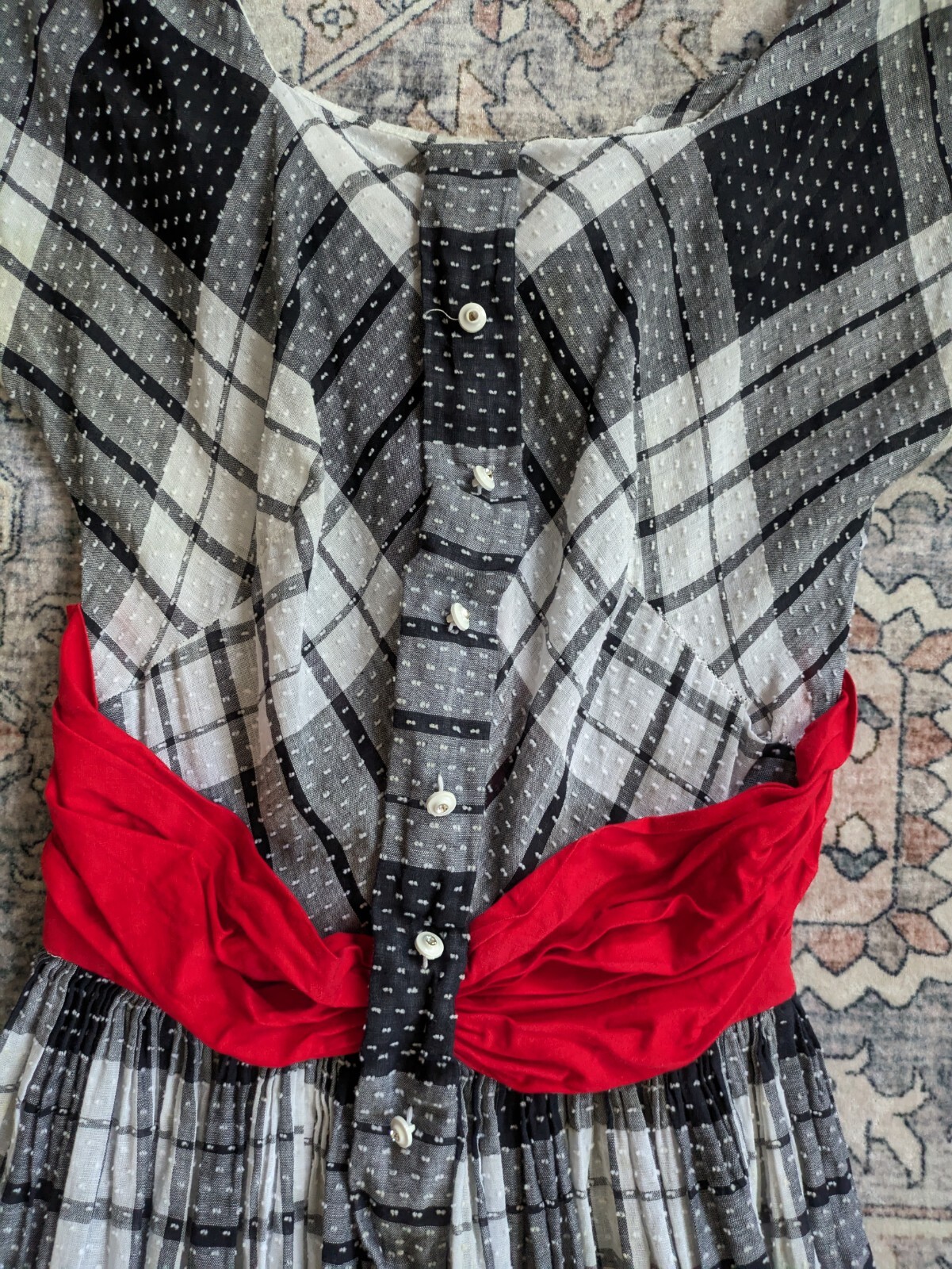 Vintage 1950s Lana Lobell Plaid Dress Red Scarf Waist Short Sleeve