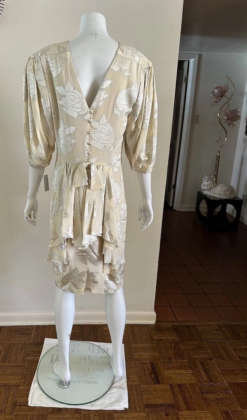 1980s Hanae Mori Silk Dress Metallic Rose Damask Bow Frost Bros VTG
