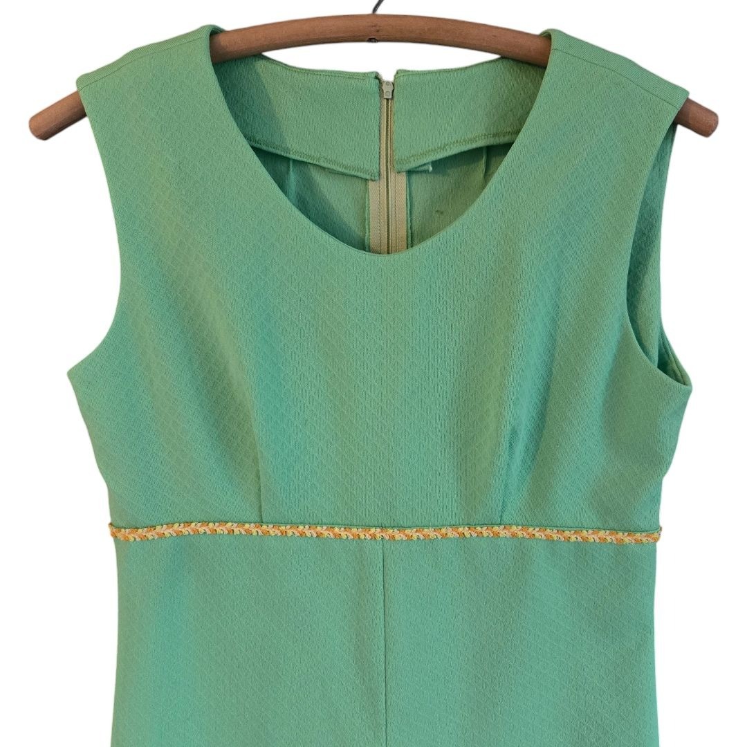 Vintage 1960s 1970s Handmade Green A-Line Dress Sleeveless Textured Fabric