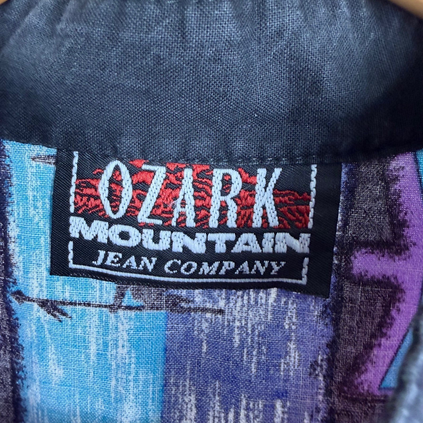 VTG 80s Ozark Mountain Southwestern Tribal Print Button Up Shirt Purple Teal