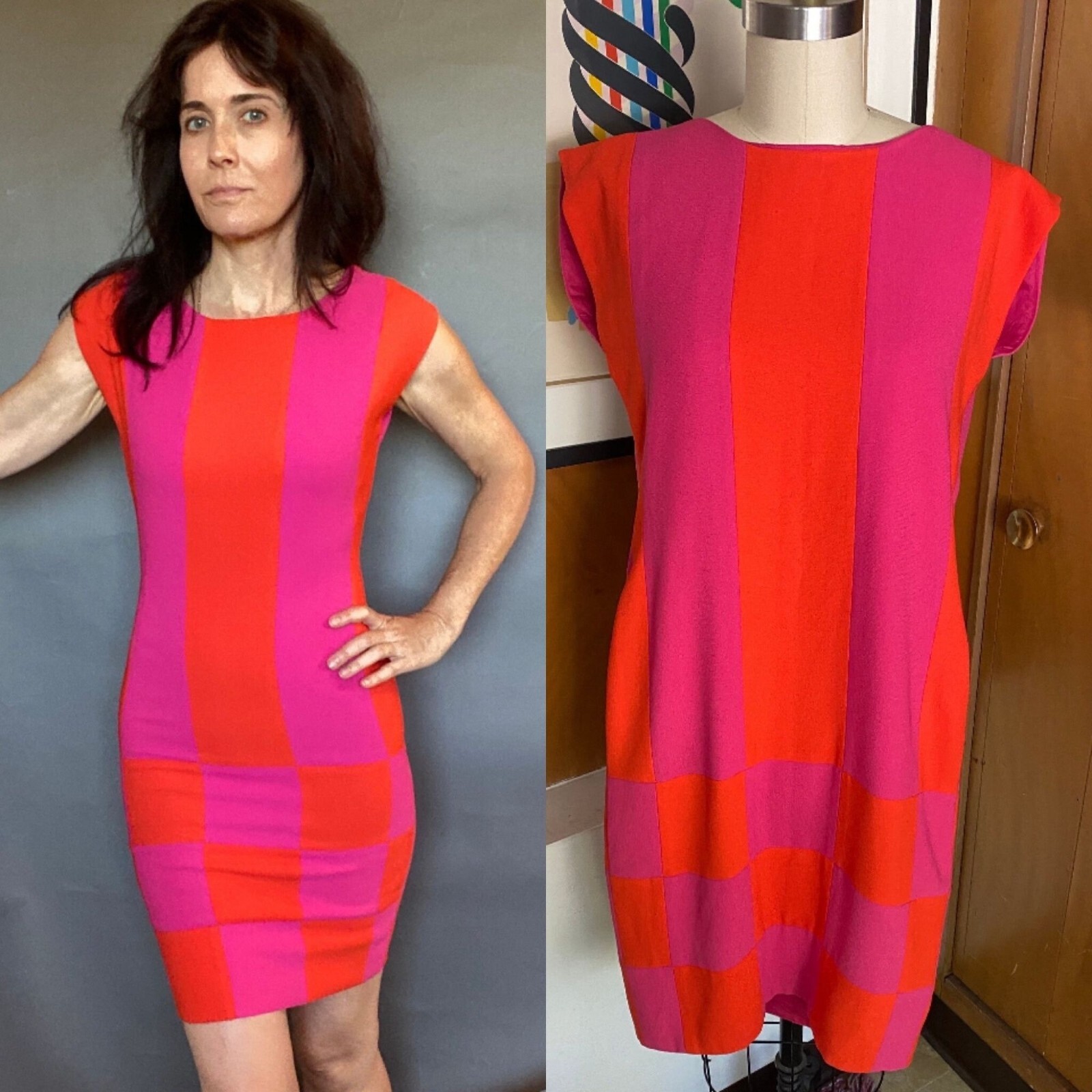 VTG color block pencil Dress Sz XS 0 2 4 Colorblock Mod Vintage hot pink orange