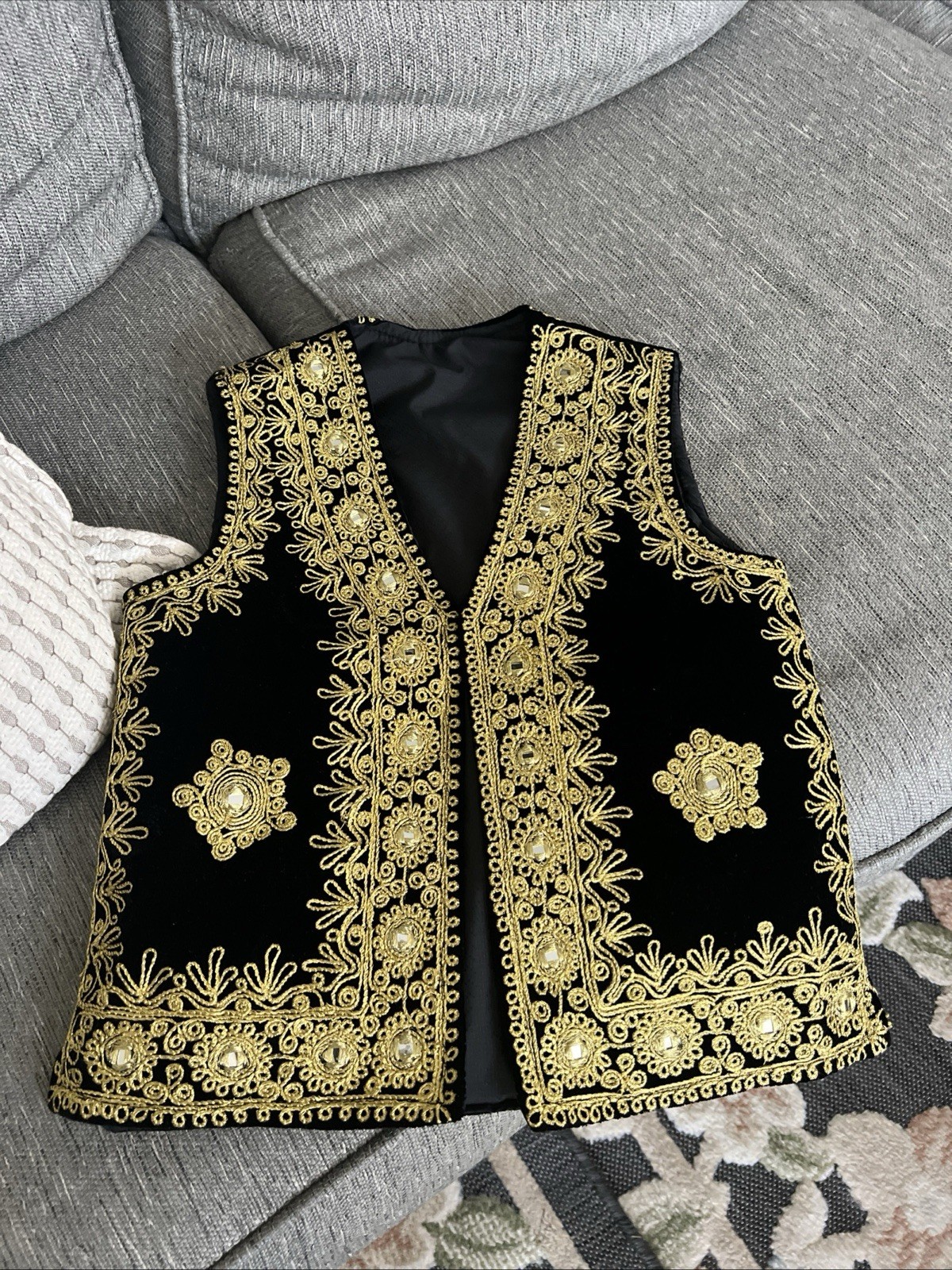 Vintage Traditional Gold Embroidery Black Velvet Vest kids Size 6 To 8