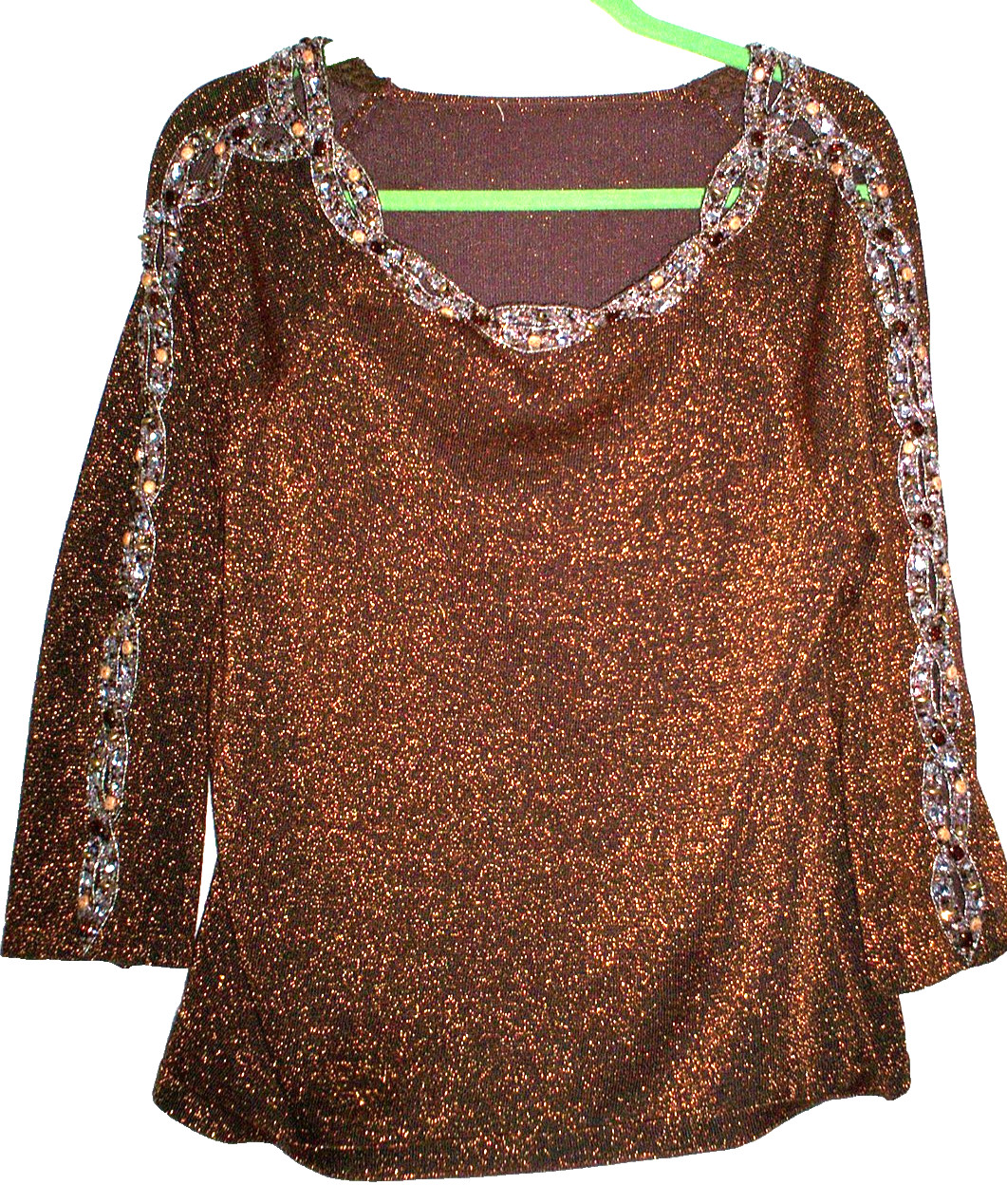 Vtg Design Bronze Metallic Thread Knit Fancy Party Blouse Crystal Embellished