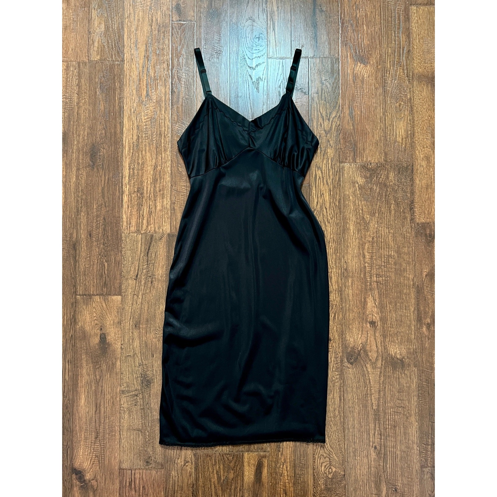 Vintage Nylon Spaghetti Strap Slip Dress Black with Scalloped Embroidery Mistra