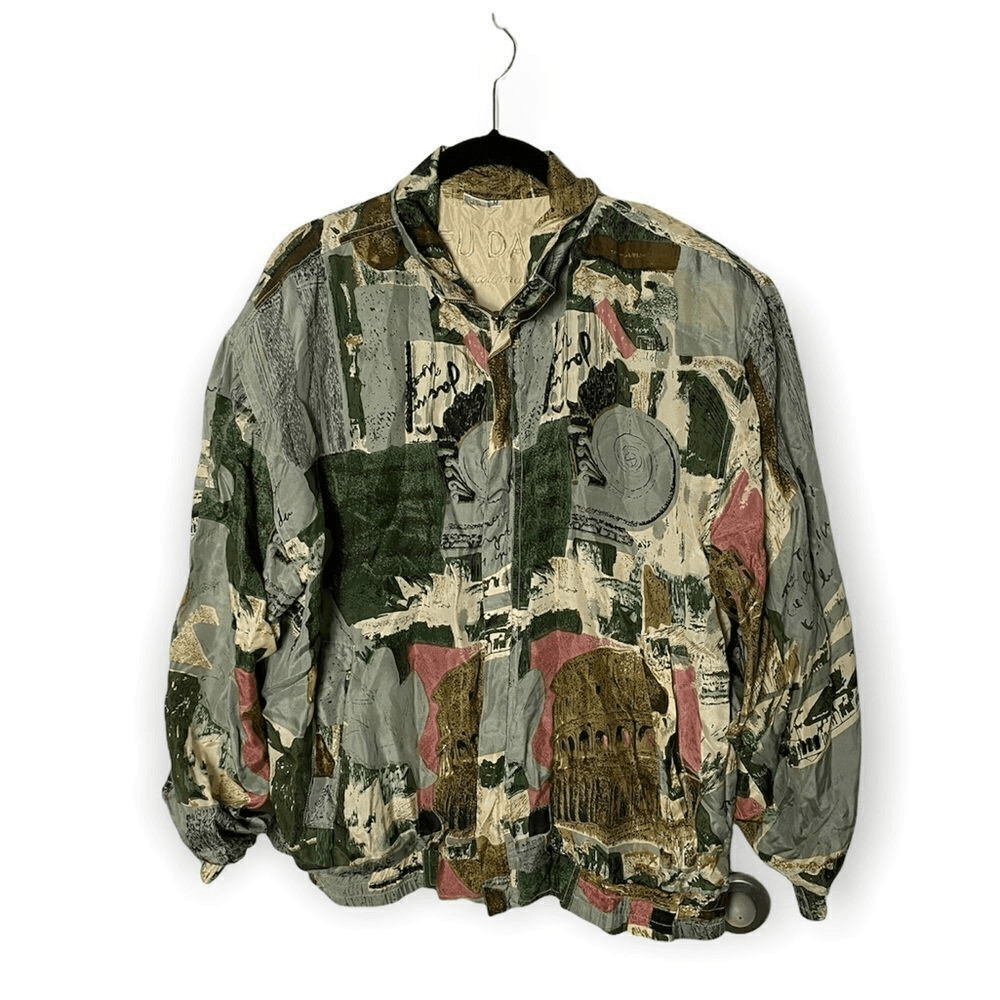 Vintage Fuda International Silk Bomber Jacket Size M Abstract Italy Print
