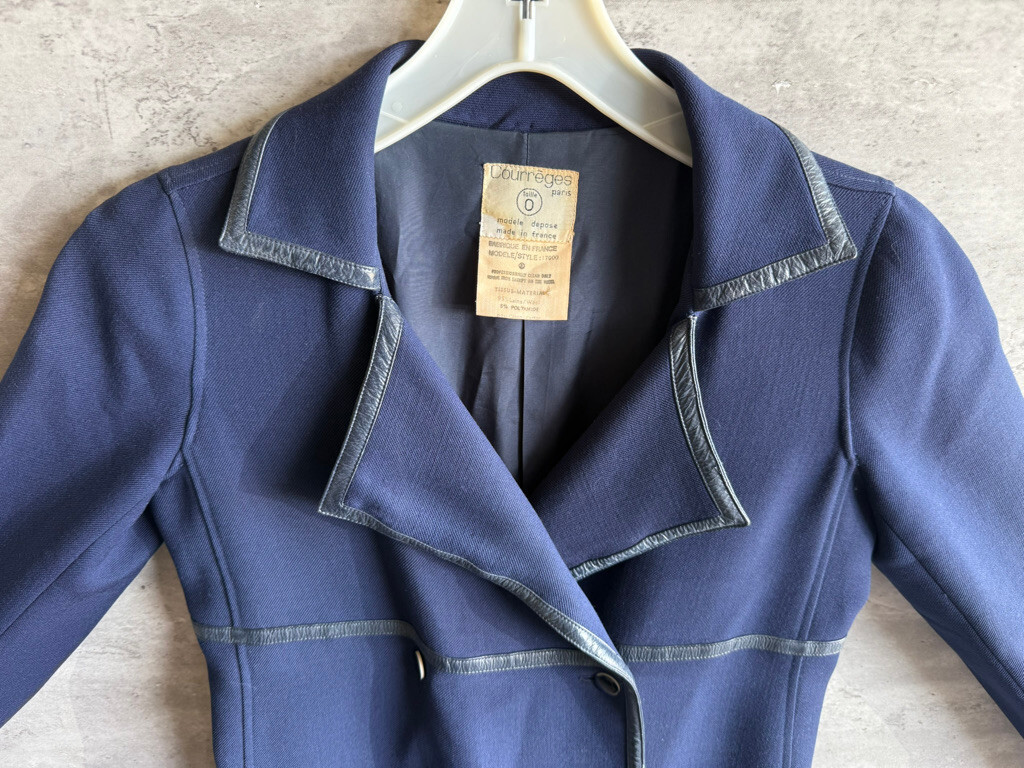Vintage 1970s Courreges Paris Navy Blue Wool Blend Double-Breasted Coat Size 0