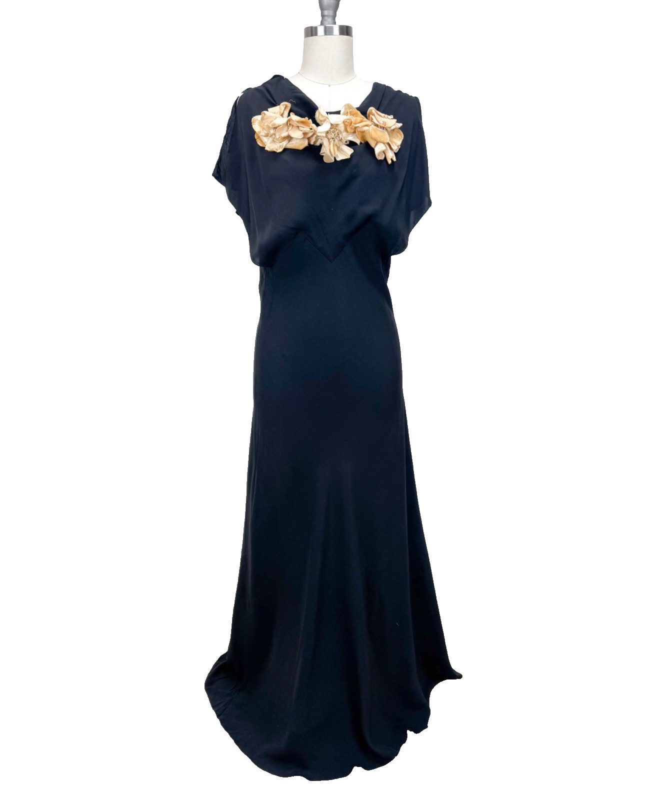 Antique 1920s 1930s Black Silk Gown Full Length Creme Velvet Flower Appliques