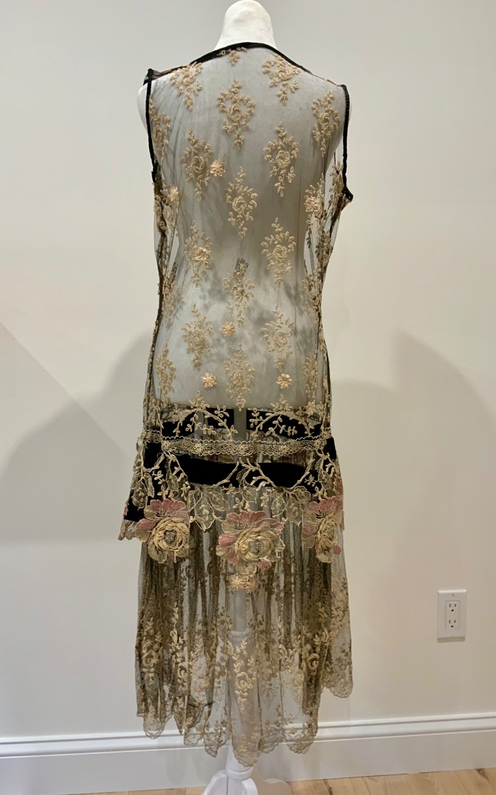 Rare 1920s French Lace Dress. Black Net & Pink Floral Embroidery. Restored S