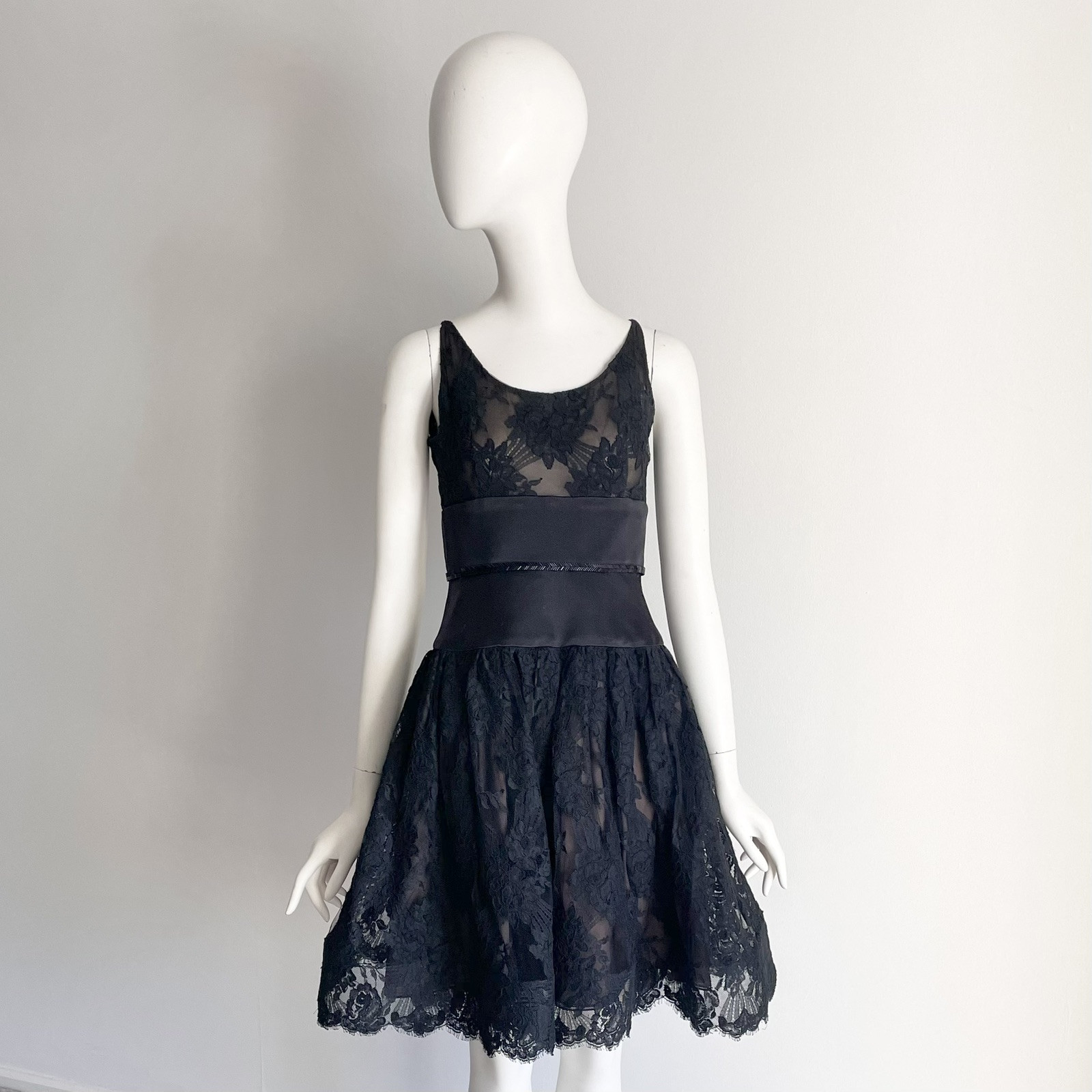 Vintage 1990s Bill Blass XS Black Lace Satin Beaded Dress Designer Runway Party