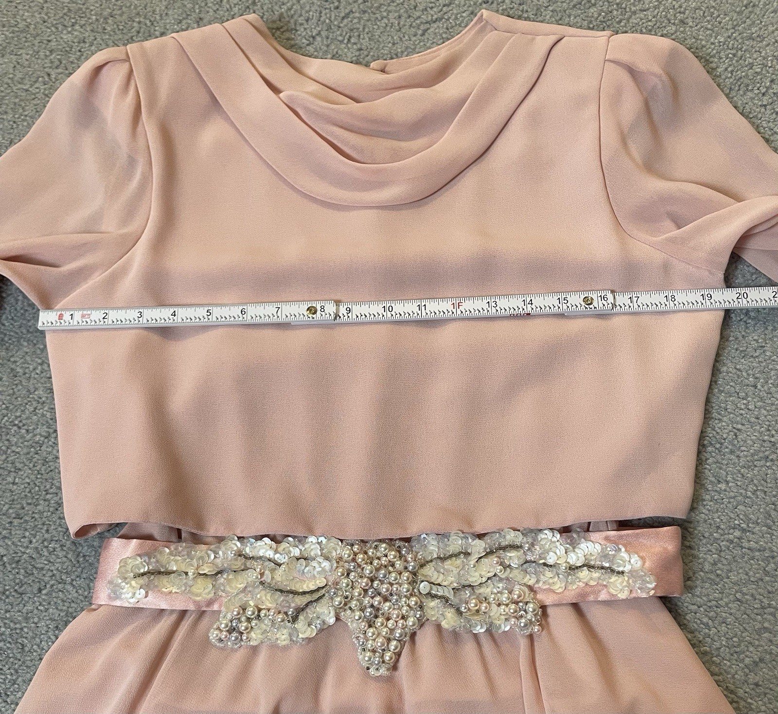 70s Cowl Neck Formal Evening Dress L Embellished Belt Faux Pearl Elegant Classic