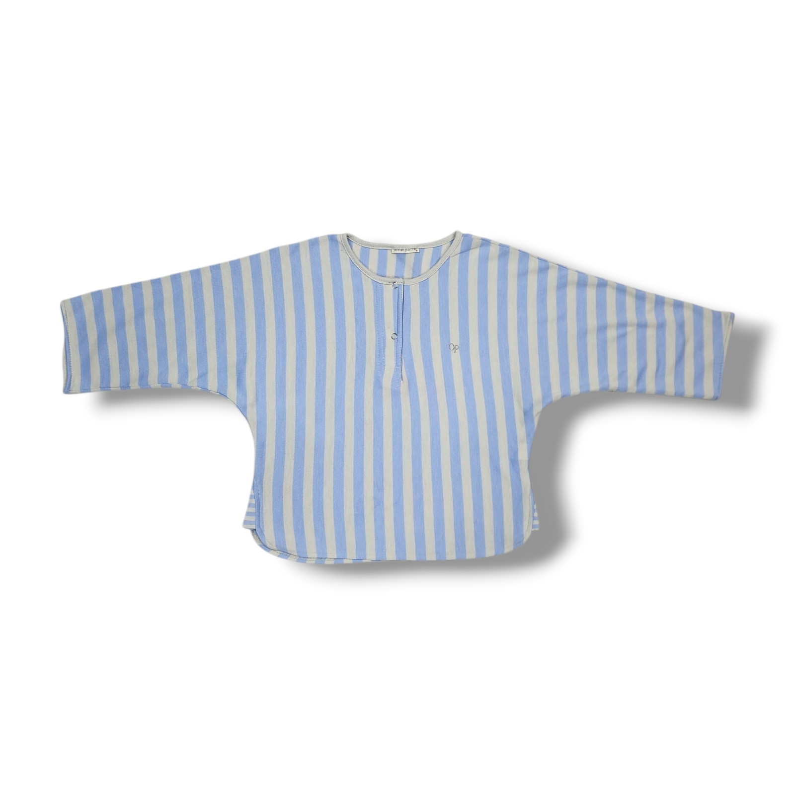 Vintage 80s Ocean Pacific Blue/Gray Striped Henley Shirt Women’s M USA Made