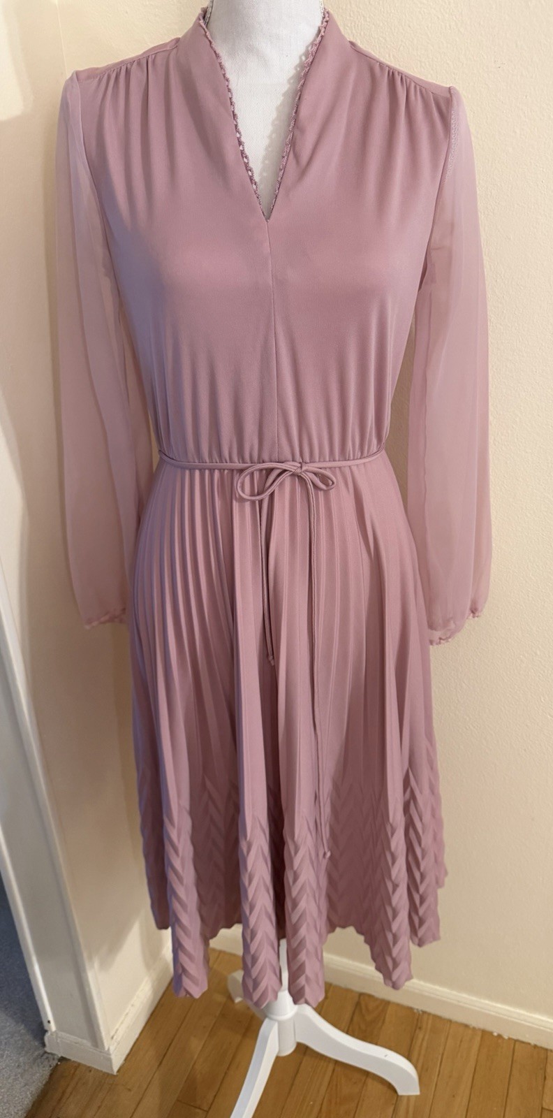 Vintage Size 10 Amy-Deb Long Sheer Sleeve Polyester Pleated Mauve Dress USA