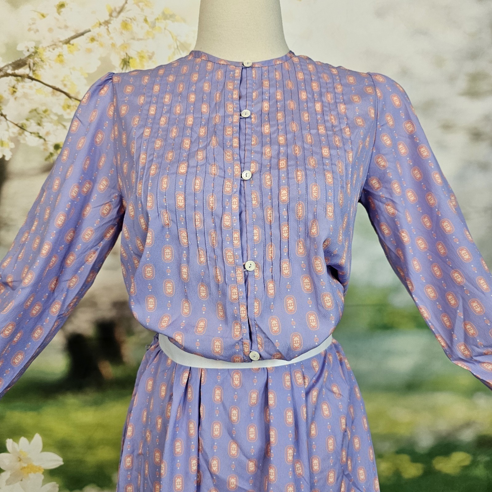 Vintage 1980’s Dress Lilac Purple Print Long Sleeve Silky Retro Button Front