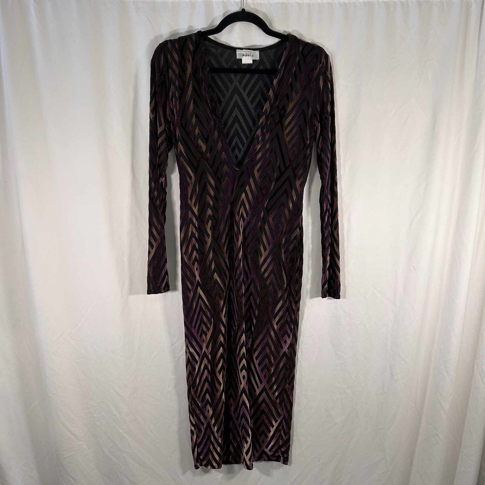 Vintage Magia USA Midi Dress Women’s Large Purple Semi Sheer Vneck Long Sleeve