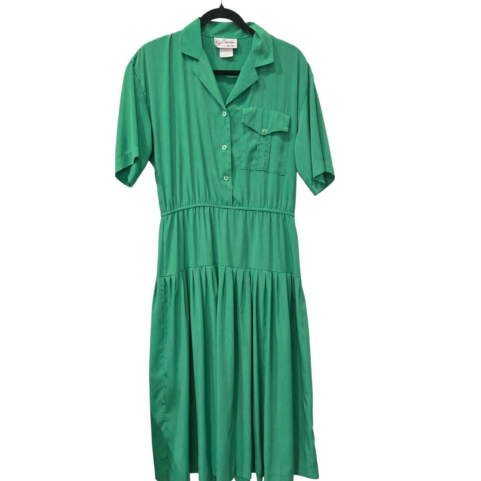 Kay Brandon Shirt Dress Size 8 Womens Green Vintage 80s Midi Tiered Short Sleeve