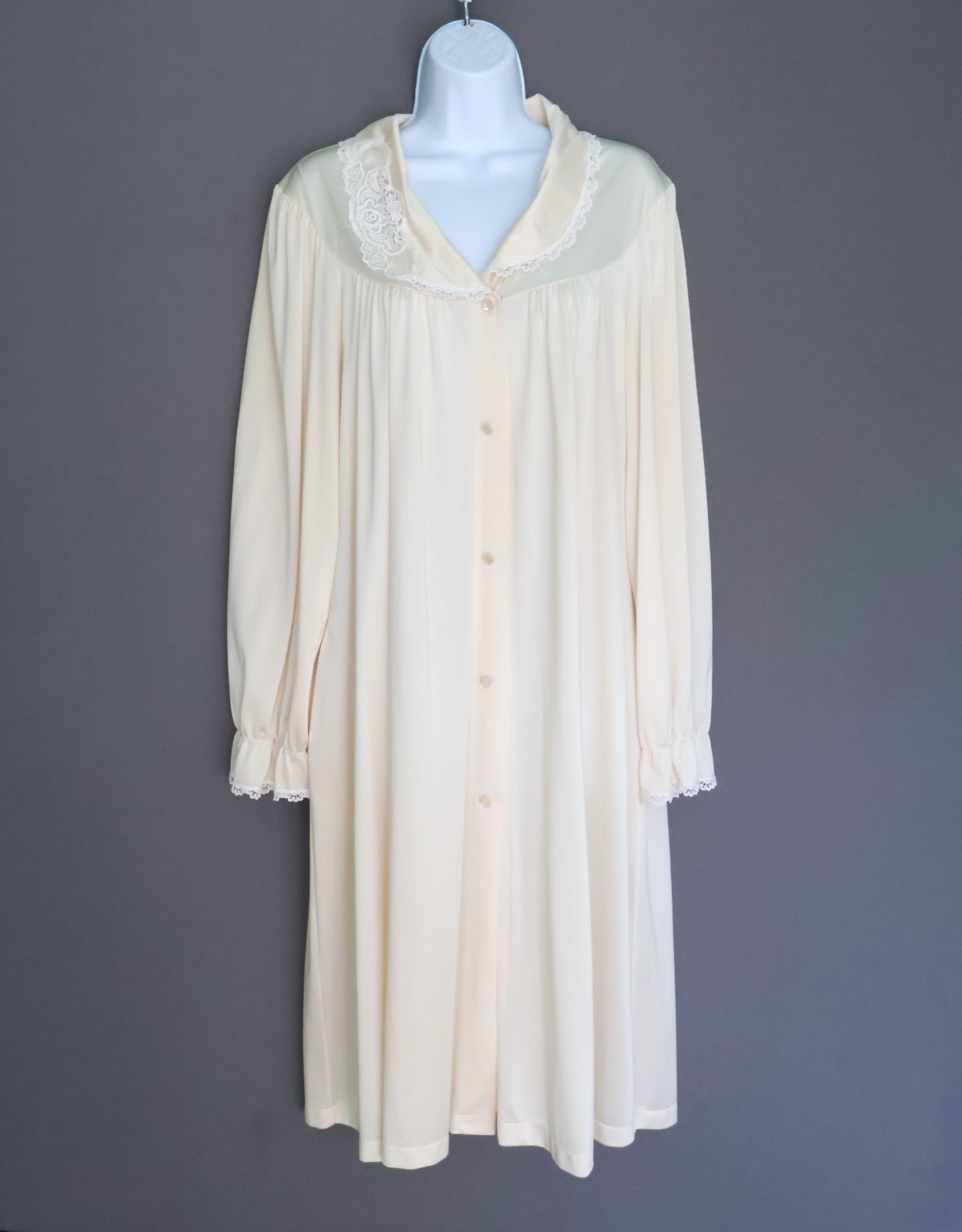 SHADOWINE Lace Trim Button Front Nightgown Dress Robe w/ Pockets VTG Women’s L