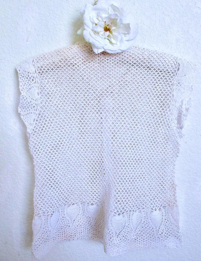 Vintage Hand Crocheted Button Down Cardigan Top S Cotton Openwork Lace Pineapple