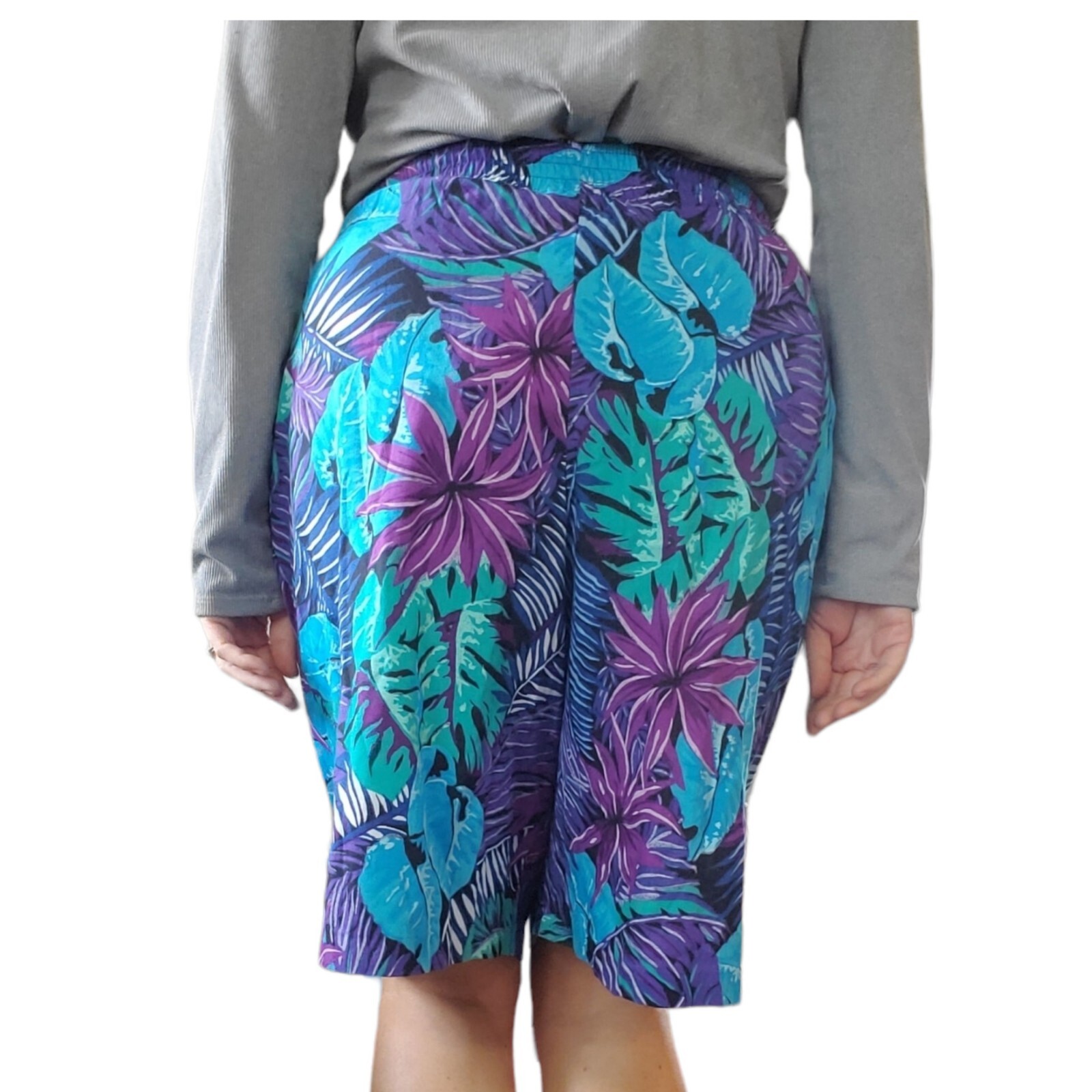 VTG Tropical Shorts Pleated Sz S Hawaiian Purple Blue Teal High Waist 80s Boho