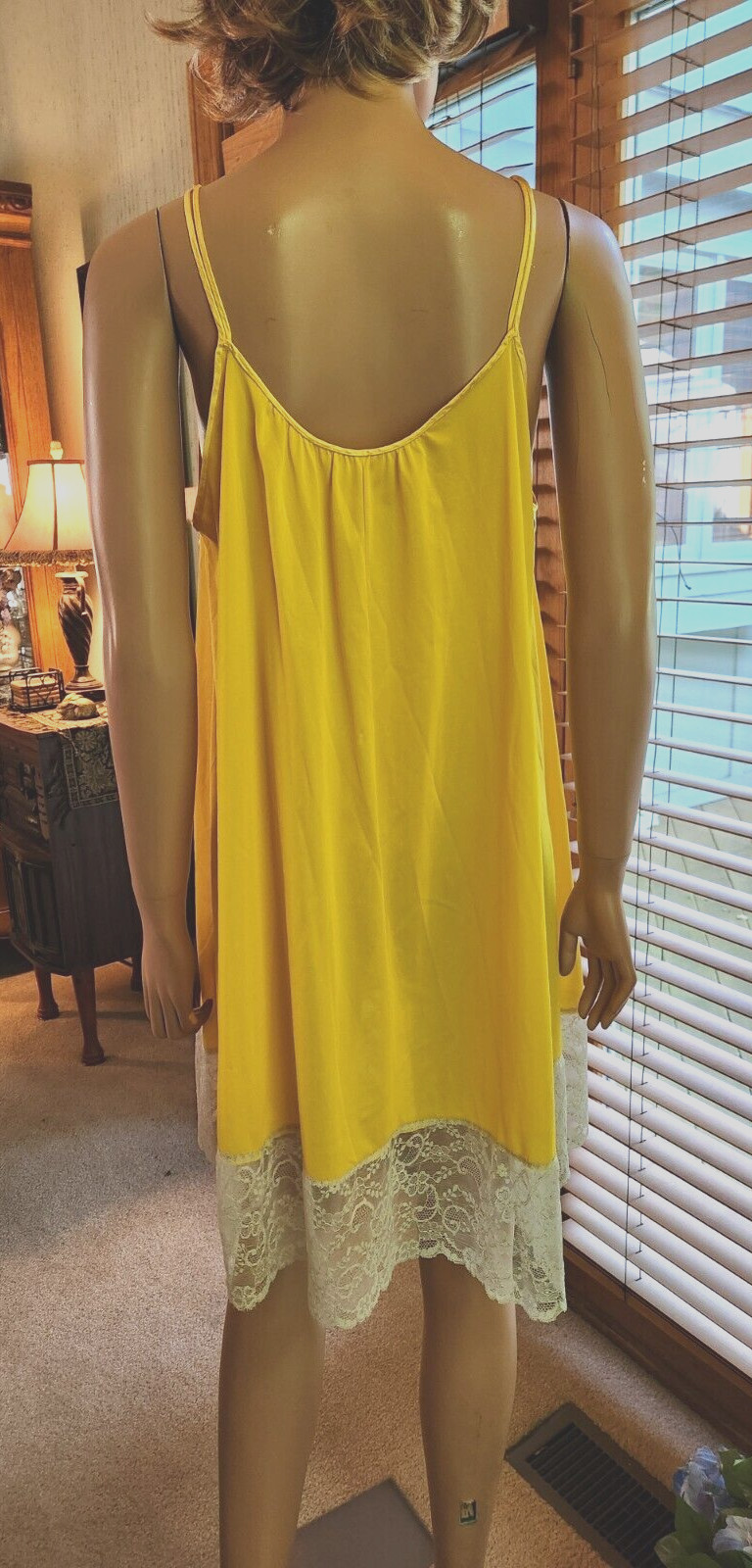 Vtg 60s Rare Van Raalte Mustard Yellow Nylon Babydoll Lace Hem Nightgown