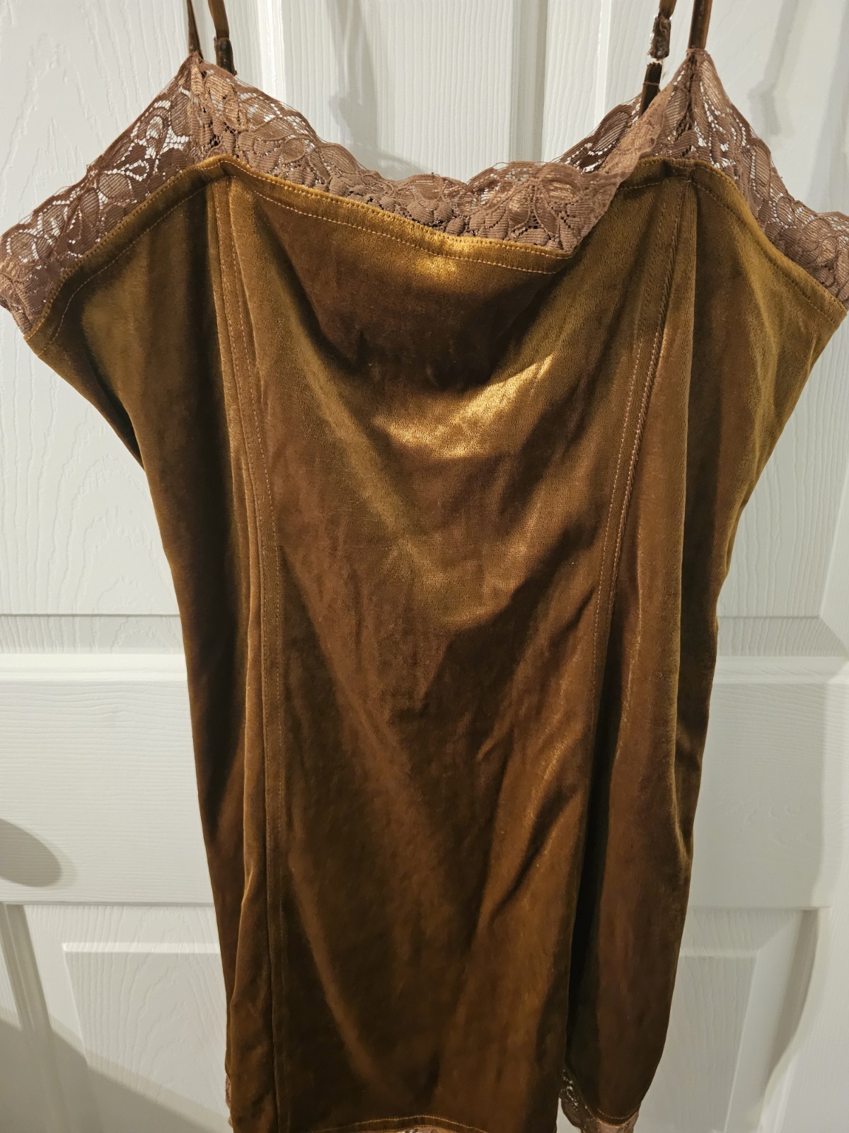 Vintage Vtg Delicates Dark Gold Velvet LingerieChemise Slip Lace Size M