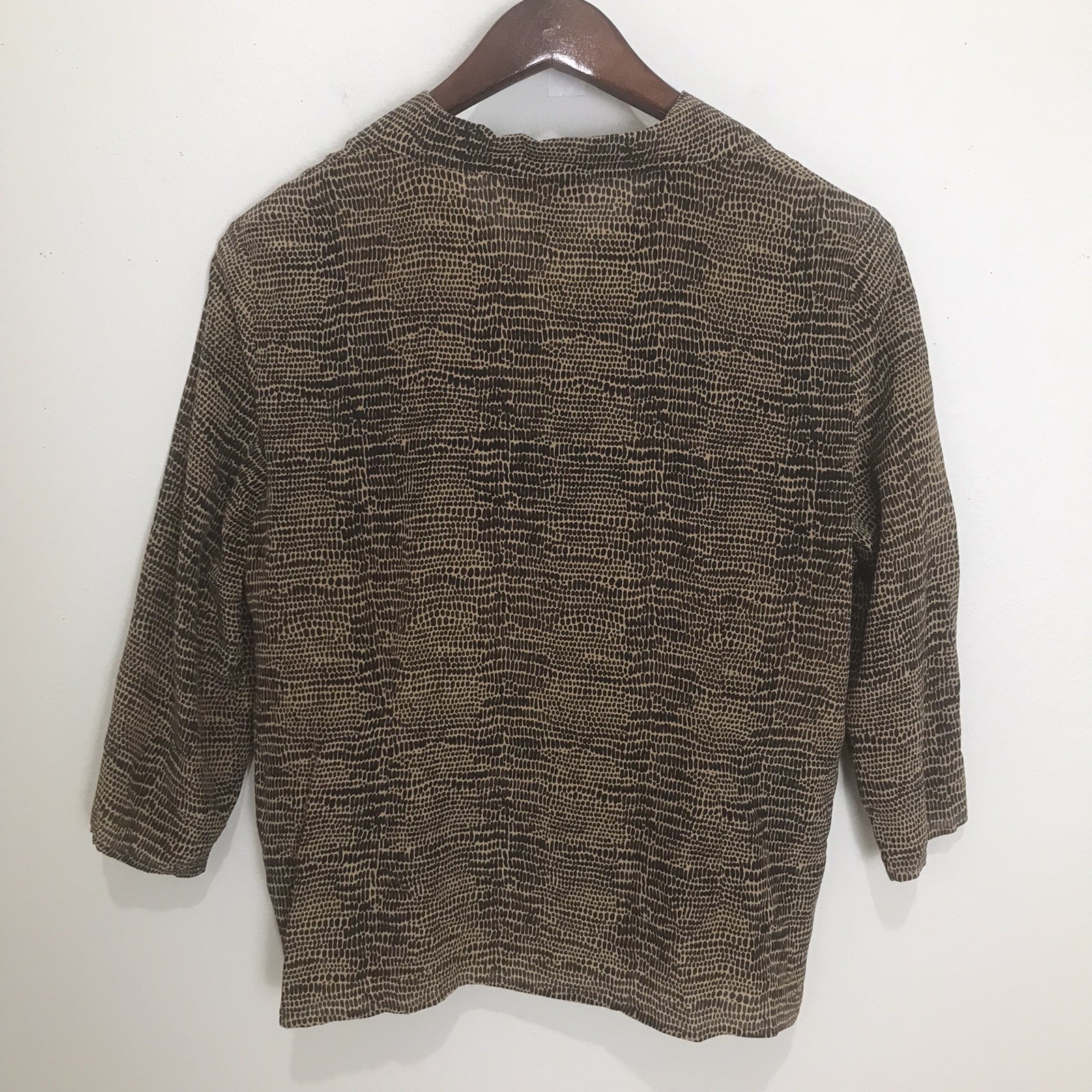 Vintage Bobbie Bee Brown Black Multi Print 3/4 Sleeve 100% Silk Blouse Size XL