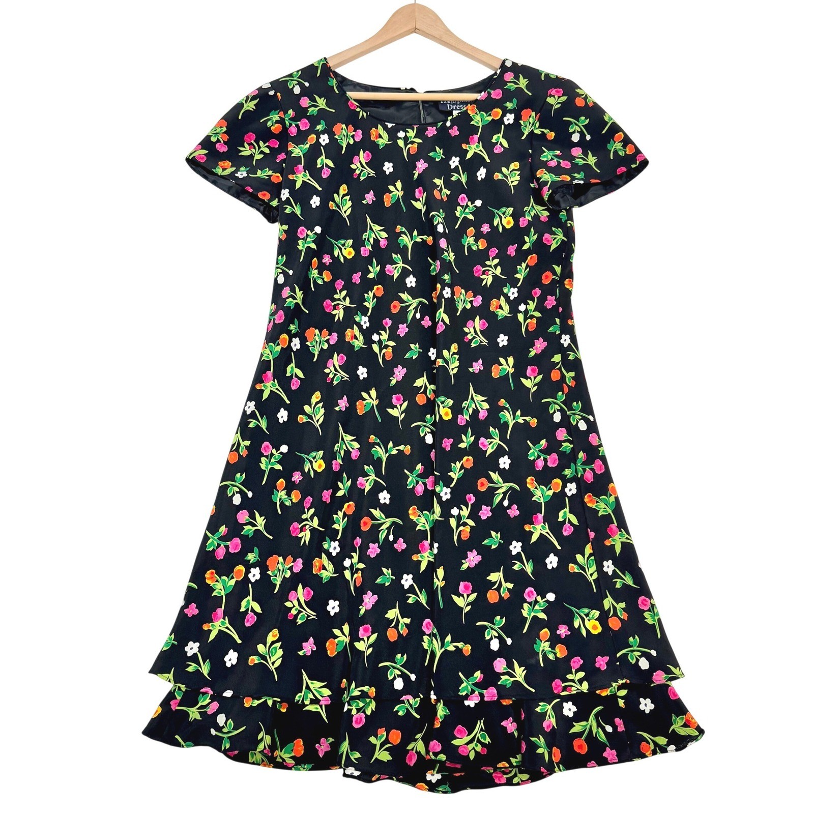 VTG Hampton Dress 90s Black Ditsy Floral Ruffle Hem Mini Dress cottage whimsy