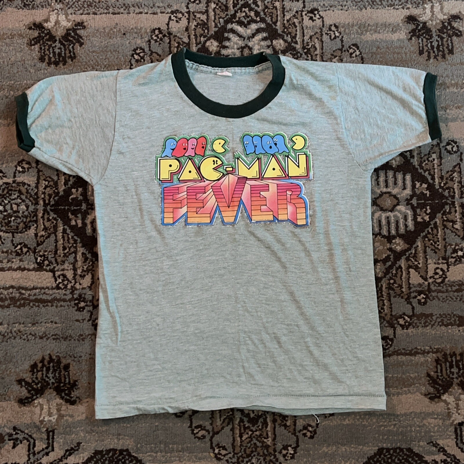 Vintage 80s Midway Pac-Man Fever Green Ringer T-Shirt Kids XL 14-16