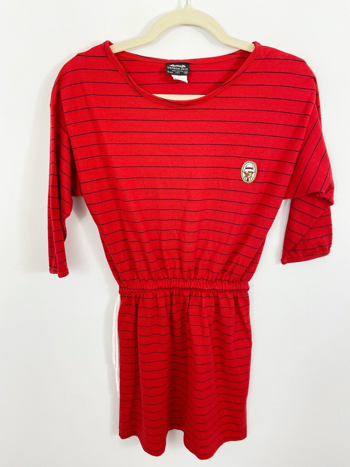 Vintage Panama Jack Red Stripe Dress Coverup Size Medium Elastic Waist 3/4 Slvs