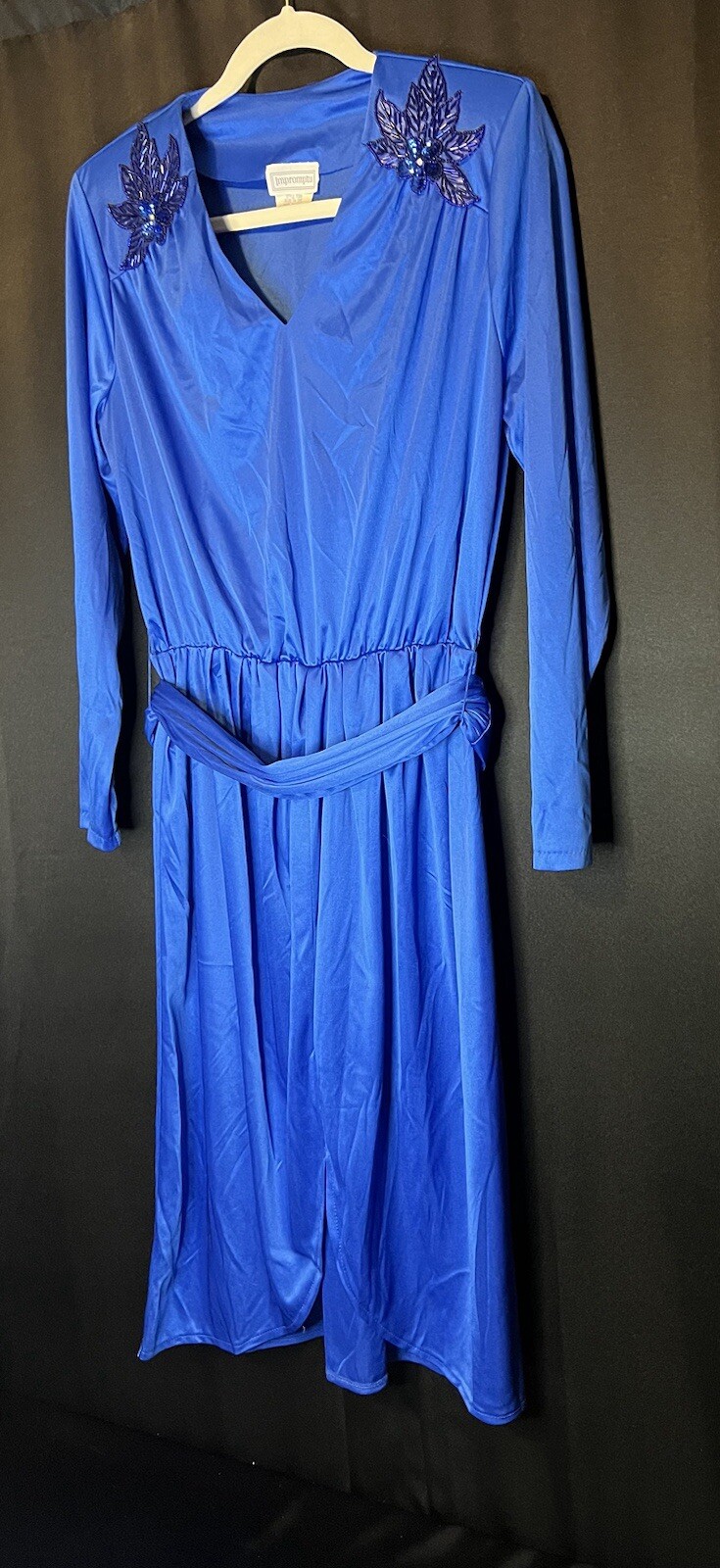 VTG Impromptu Belted Satin Chic Blue Dress Embellished Bejeweled Floral Accents