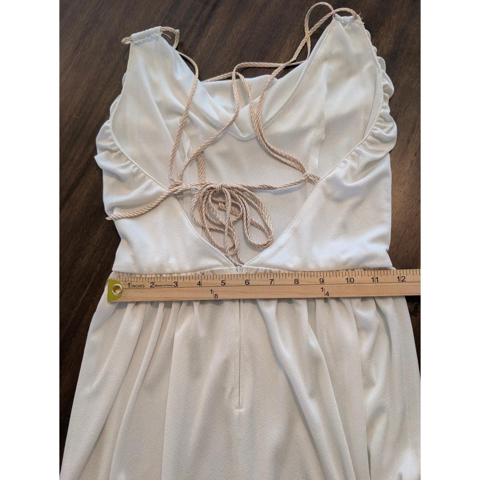 Vintage Jumpsuit Set Ivory White Cowl Neck Open Strappy Back Disco Glam Sz Small