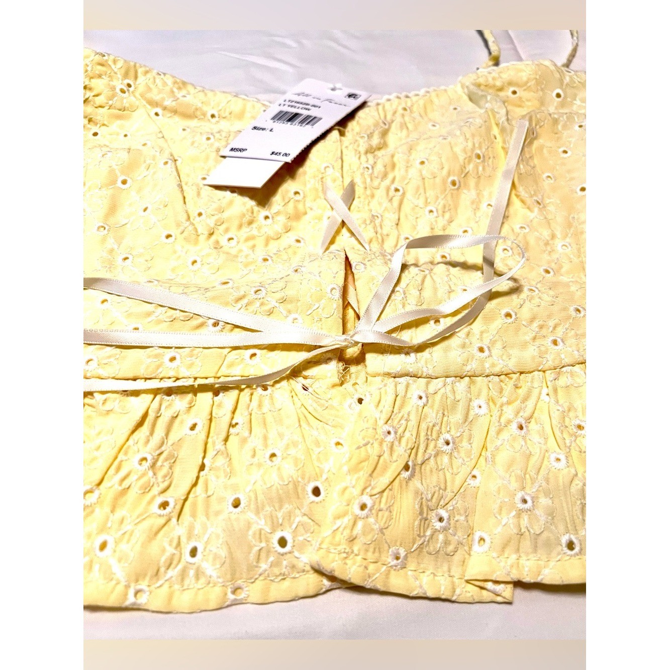 All in Favor Yellow Eyelet Lace-Up Peplum Cottagecore Cami Top-Size Large