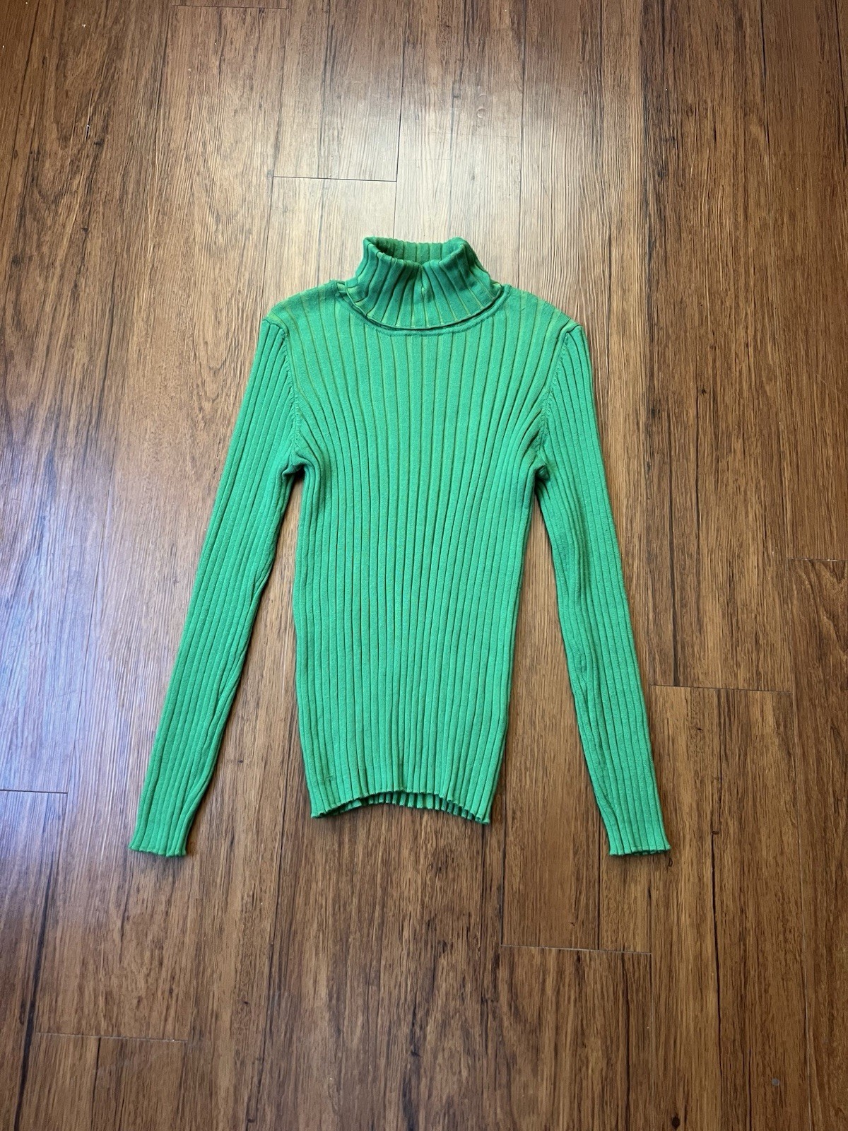 Vintage Y2K Ribbed Knit Top XL Green Turtleneck Chunky Cyber Grunge Office 90s